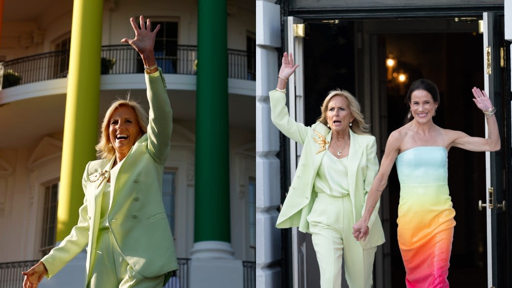 First Lady Jill Biden Dons Mint Green Power Suit With Daughter Ashley in Revolve Rainbow Dress for White ...