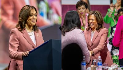 Vice President Kamala Harris Pays Homage to Her Alpha Kappa Alpha Sorority in Pink Suit and Pearls in Dallas