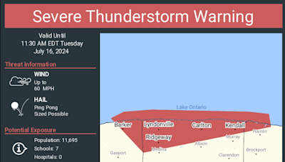 Severe thunderstorm warning issued for upstate NY; hail and torrential rain possible