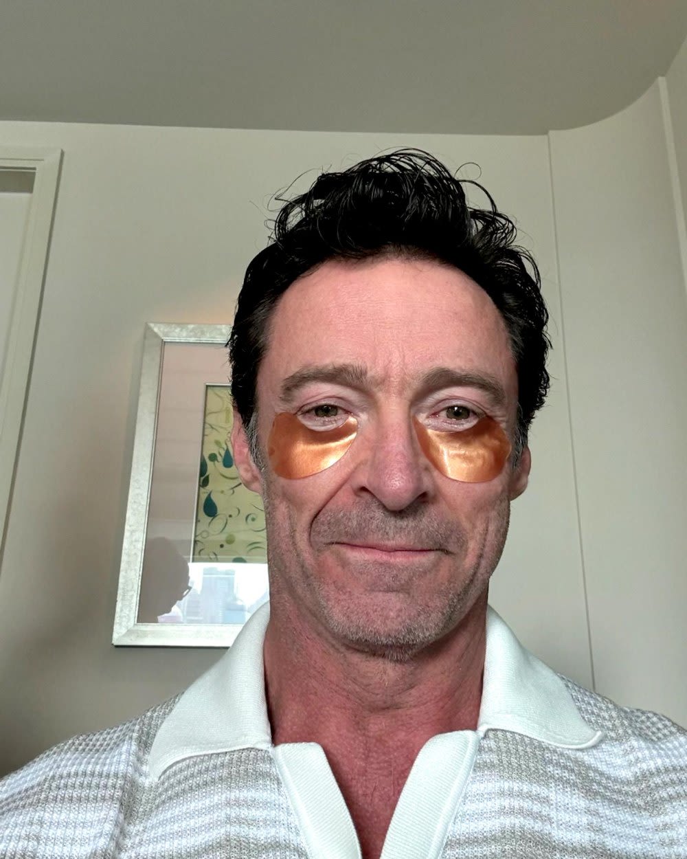 Hugh Jackman Practices Self-Care With Gold Eye Masks: ‘This Is 55’
