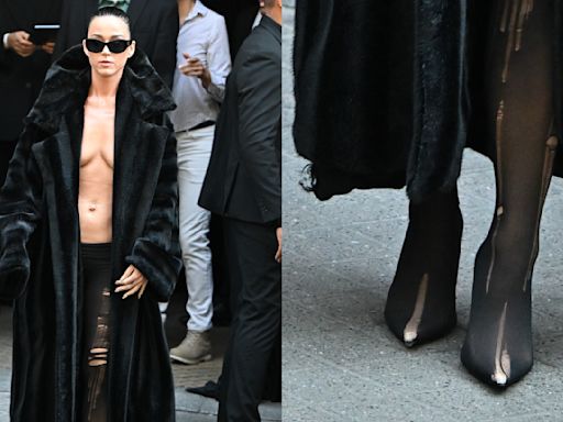 Katy Perry Wears Ripped Tights Over Pumps with No Shirt Under Balenciaga Fur Coat at Paris Couture Week