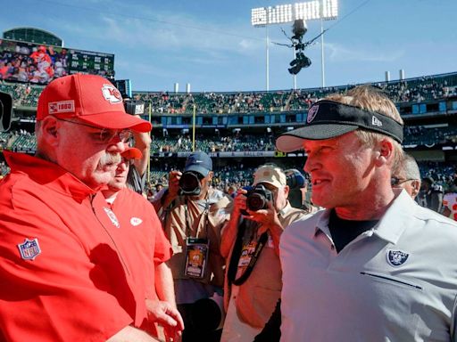 Ex-Raiders coach Jon Gruden, decked out in red, visited KC Chiefs camp Sunday