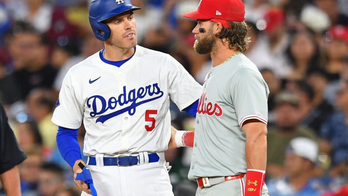 Emotional Freddie Freeman gets hug from Bryce Harper in return to Dodgers as ailing son recovers