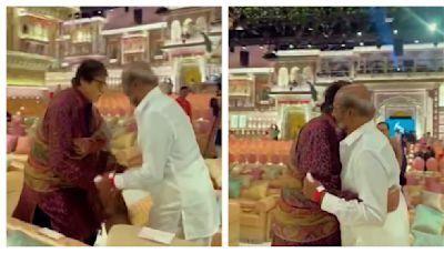 Amitabh Bachchan stops Rajinikanth from touching his feet, hugs him instead. Watch