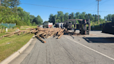 Overturned log truck temporarily shut down Highway 149 in Plymouth