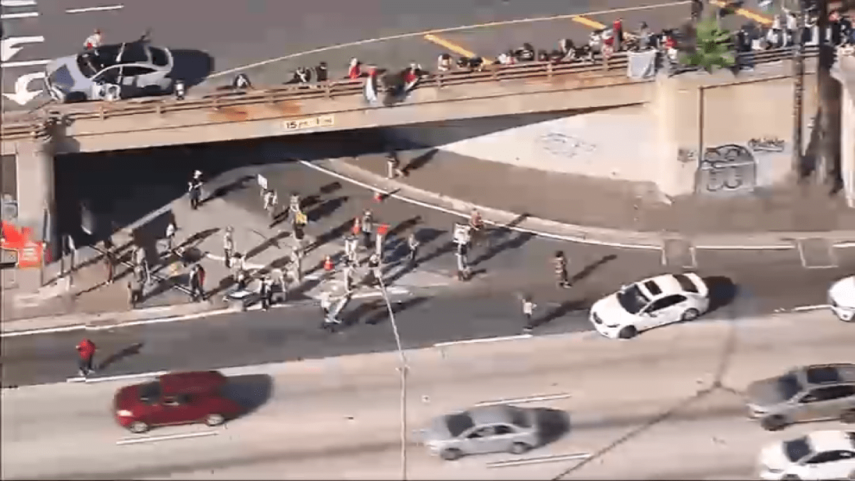 Protesters block 101 Freeway in downtown Los Angeles