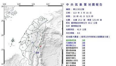 台東近海芮氏規模4.6地震 最大震度台東3級、花蓮2級