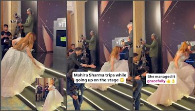 'I should get an award for...': Bigg Boss 13 fame Mahira Sharma reacts as trips and falls on stage; fans say 'she looks uncomfortable in princess gown'