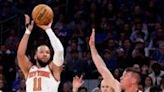 Jalen Brunson shoots over Indiana's T.J. McConnell in the Knicks' 121-117 playoff win on Monday