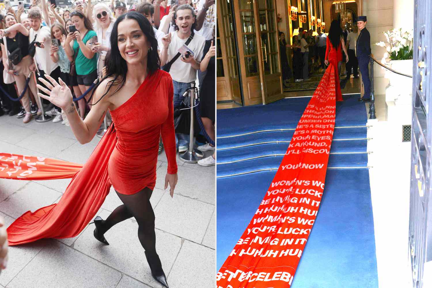 Katy Perry Takes on Paris in Red-Hot Minidress with Mega Train Featuring Lyrics from Her New Single