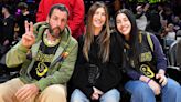 Adam Sandler Throws Up a Peace Sign and Smiles with Wife Jackie and Daughter Sadie at Los Angeles Lakers Game