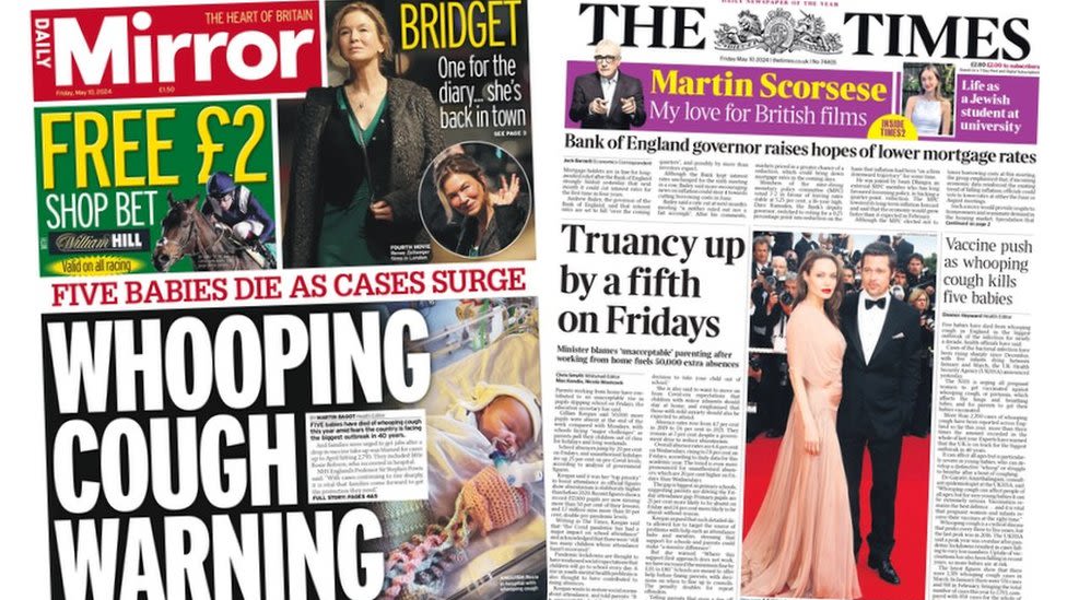 Newspaper headlines: 'Whooping cough warning' and Friday 'truancy up'