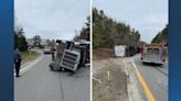 Tractor-trailer rollover injures driver, spills mulch on side of Falmouth highway