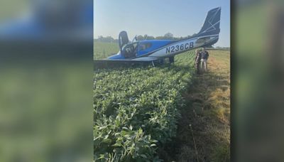 Pilot, 2 passengers unharmed after plane runs off runway into soybean field in Salem