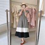 短袖洋裝 連身裙 短袖長洋裝 2023年初夏新款韓版高級感法式方領松緊黑白格子小飛袖洋裝連衣裙XT022