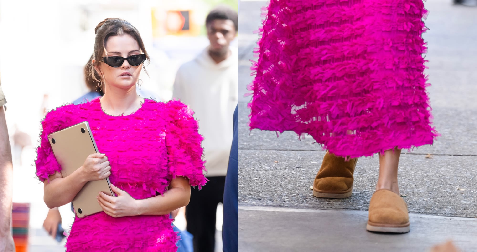 Selena Gomez Gets Comfy in Uggs in Ruffled Pink Dress on ‘Only Murders in the Building’ Set