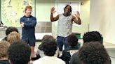 UConn football players Cam Edwards, Drew Buckley speak to Norwalk middle school students
