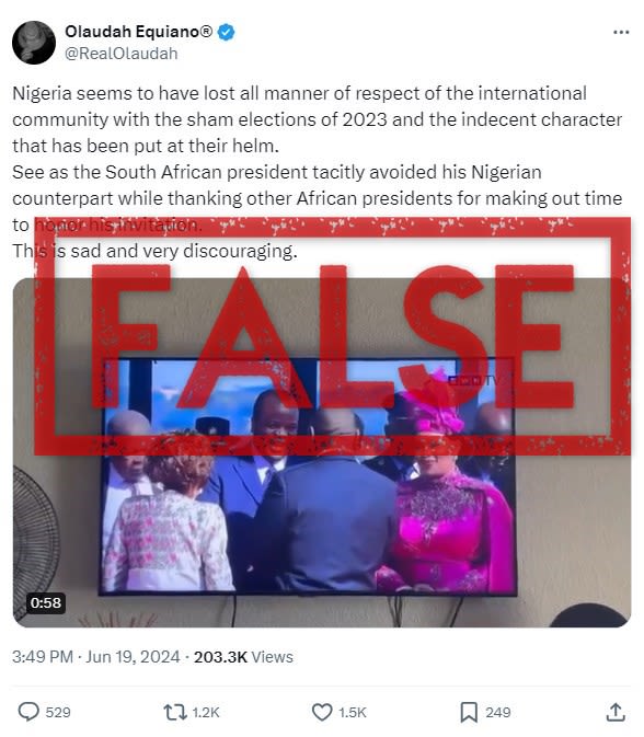 Posts falsely claim South African president snubbed Nigerian leader at inauguration
