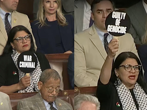 'Squad' Member Rashida Tlaib Holds 'War Criminal' Sign As Netanyahu Addresses Congress | VIDEO