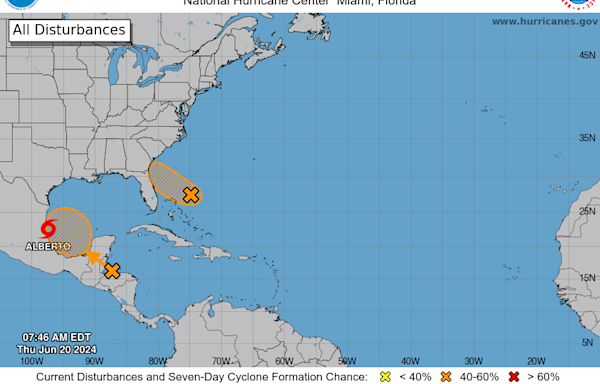 Tropical Storm Alberto moving inland over Mexico. Portions of Texas under tornado warnings