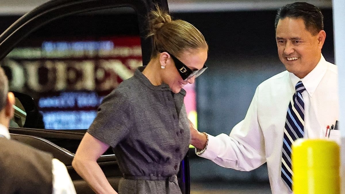 Jennifer Lopez Is Corporate Chic in a Gray Work Dress and Rare Crocodile Birkin Bag