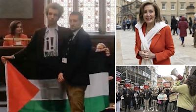 Nancy Pelosi interrupted during UK university speech by anti-Israel protestors who call her a ‘warmonger’