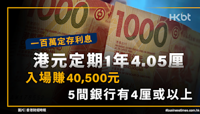 港元定期一百萬定存利息｜5間銀行有4厘或以上：1年4.05厘