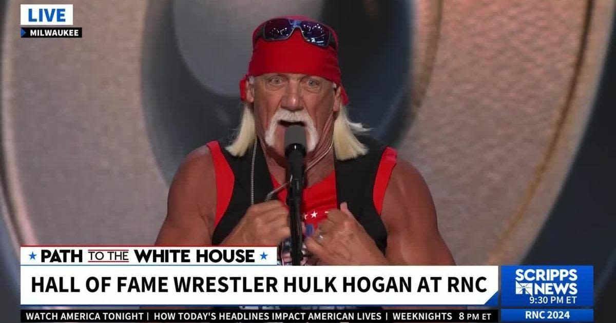 Wrestling star Hulk Hogan rips off shirt on stage during speech at RNC