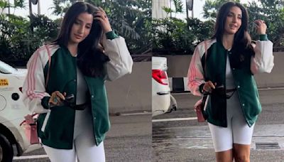 Nora Fatehi serves weekend fashion treat with crop top, cycling shorts and varsity jacket