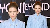 Kate Mara Plays With Shades of Blue in Striped Prada Top and Miniskirt for ‘Black Mirror: Beyond the Sea’ Event