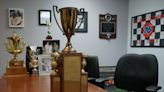 Ron Drager of Temperance blown away by 1954 NASCAR trophy