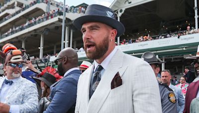 Travis Kelce Celebrates Winning Bet During Solo-Appearance at the Kentucky Derby