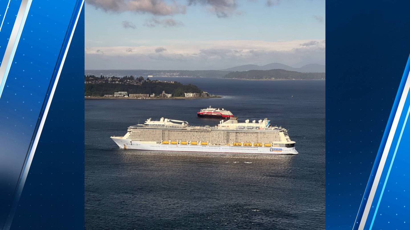 Strong winds force cruise ship to anchor in Elliott Bay