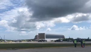 Moon rocket’s core stage arrives at Kennedy Space Center