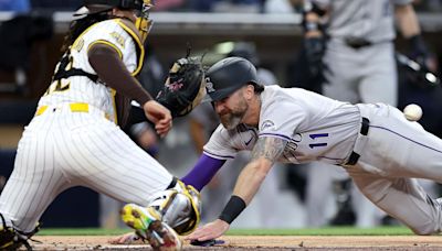 ...Jake Cave as he scores on a triple hit by Elehuris Montero of the Colorado Rockies during the fourth inning at Petco Park on Monday, May 13, 2024, in San Diego.