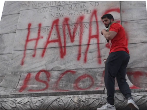 Protester sprayed ‘Hamas is comin’ at a pro-Gaza rally. He was turned in by a gym buddy