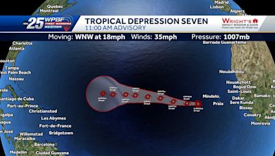 National Hurricane Center tracking Tropical Depression Seven over eastern Atlantic Ocean