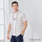 Nautica 男裝 水洗棉麻條紋短袖襯衫-白