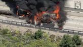Semi-truck carrying meat incinerated by massive fire on Los Angeles highway