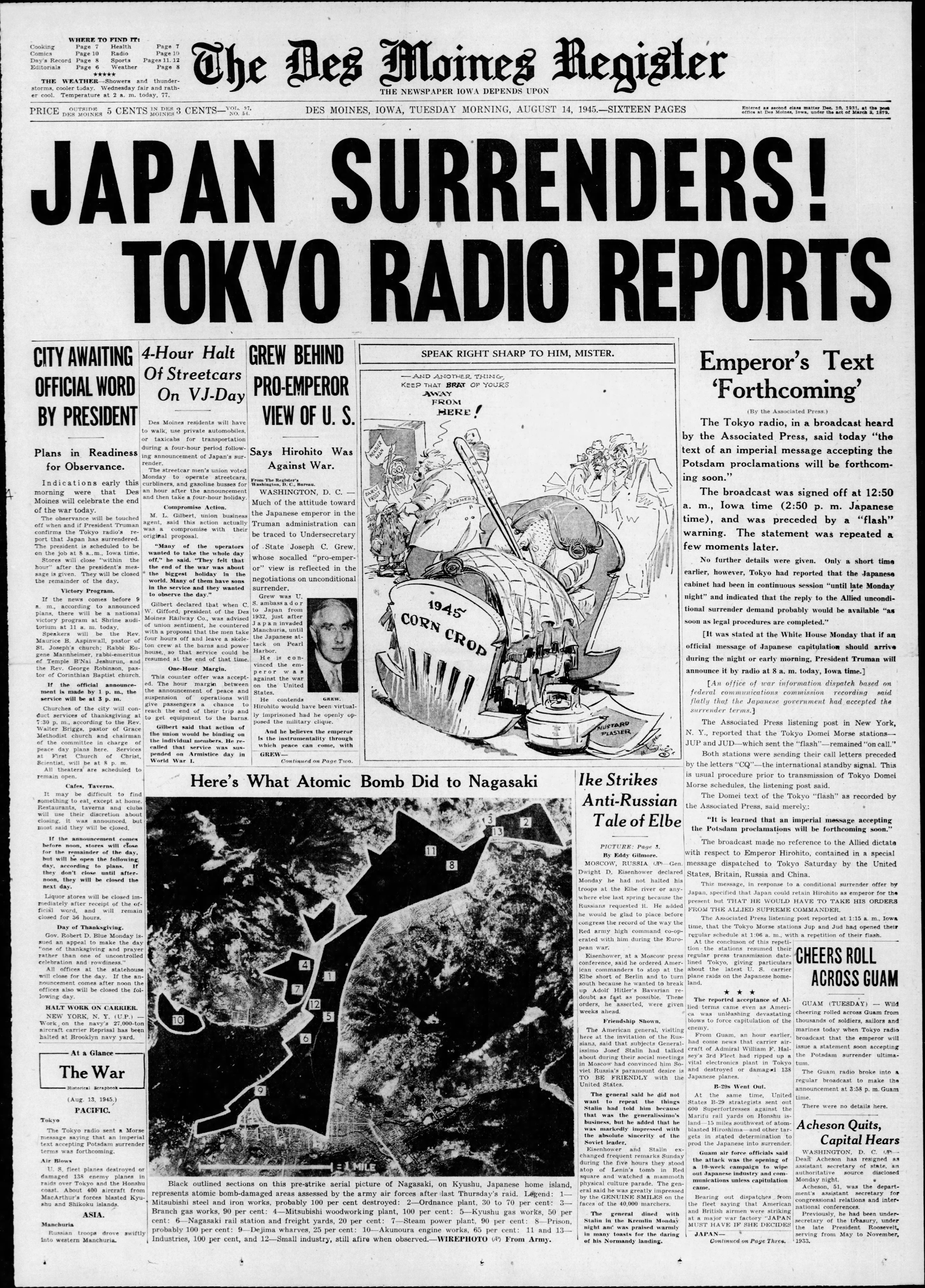 Historic front page from the Des Moines Register, Aug. 14, 1945: Japan surrenders; WWII ends