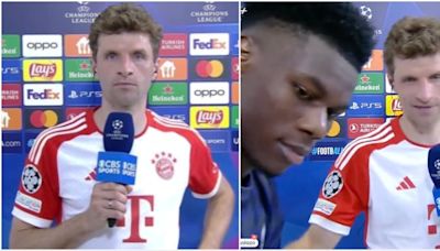 Thomas Muller's reaction when Tchouameni crashed his interview after Bayern 2-2 Real was gold