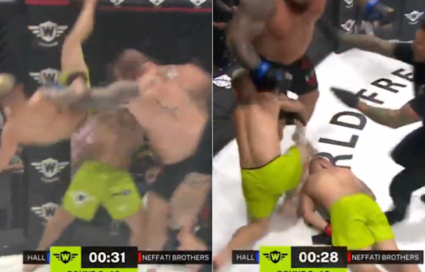 Video: Strongman Eddie Hall launches opponent airborne, then clocks him cold in wild 2-on-1 fight