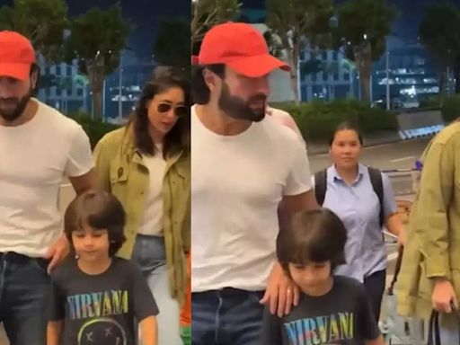 Kareena Kapoor and Saif Ali Khan twin in white, spotted with Taimur and Jeh at airport | - Times of India