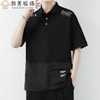 新品 男POLO衫 夏季寬鬆時尚口袋POLO衫 簡約高級百搭個性短袖PoloT恤 大尺碼POLO衫 黑色polo-可開發