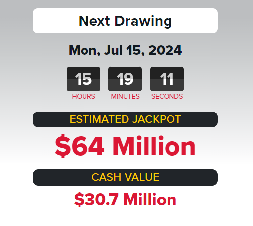 Powerball winning numbers for Monday, July 15, 2024 lottery drawing. Jackpot at $64M