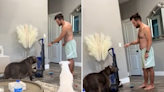 Owner has hilarious method to try to stop his dogs being scared of vacuum