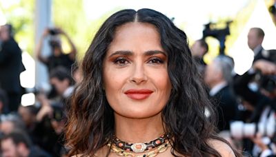 Salma Hayek Flaunts Toned Abs in Strappy Green Patterned Two-Piece