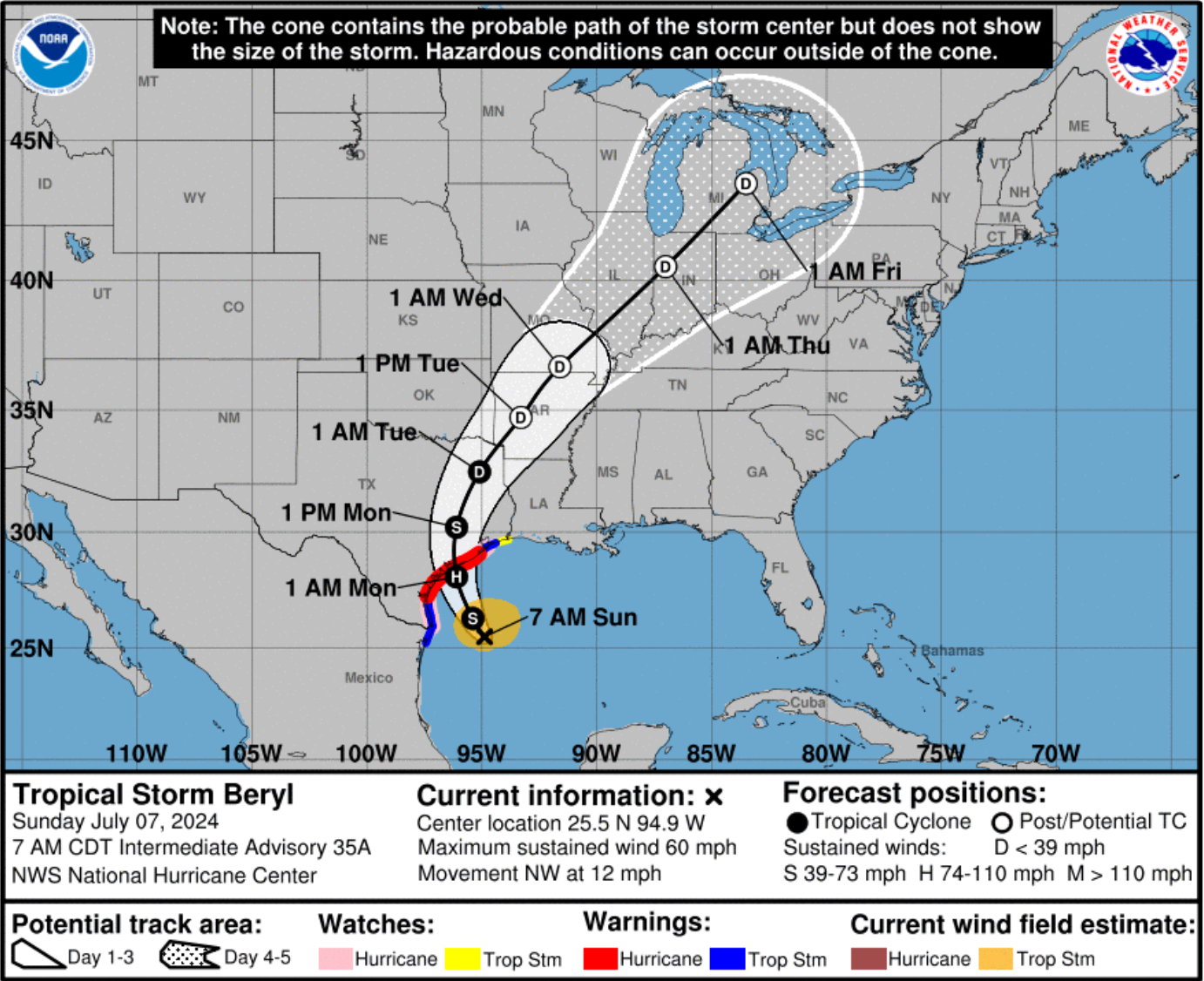 Beryl to hit Texas on Monday, with high winds and possible tornadoes by Sunday afternoon