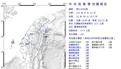 花蓮外海規模4.8地震 「14縣市有感」最大震度4級