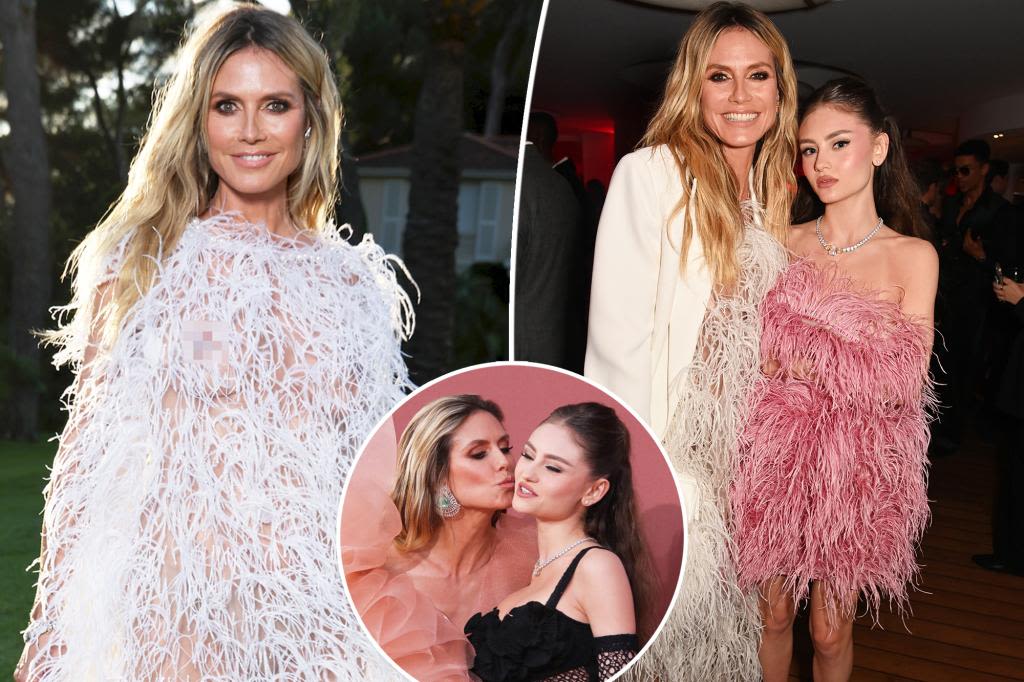 Heidi Klum and daughter Leni match in feathered frocks at amfAR Gala Cannes afterparty